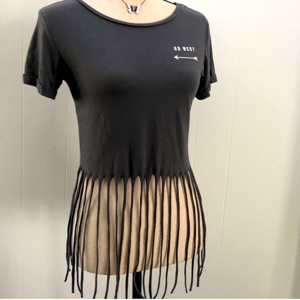 Freeze Go West Fringe Crop Tee Gray Western Festival Top Small